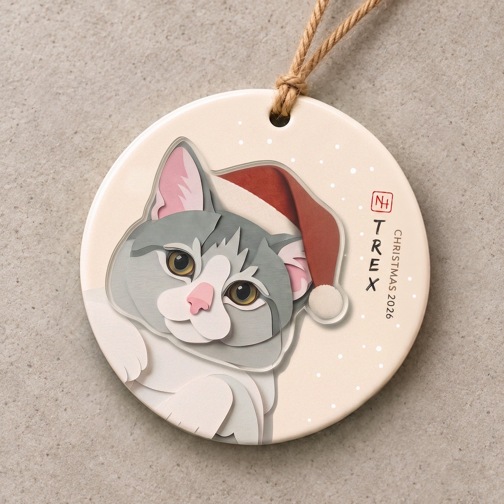 Personalised grey-and-white cat ornament named TREX, showing the full round ceramic edge, jute cord and clear acrylic portrait outline.