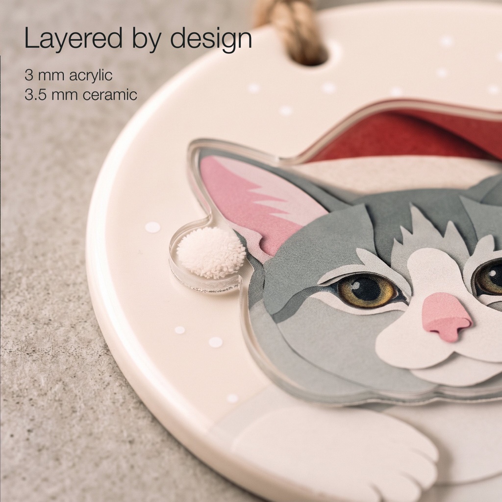 Close-up showing the separate clear acrylic cat portrait layer raised above the matte ceramic ornament base.