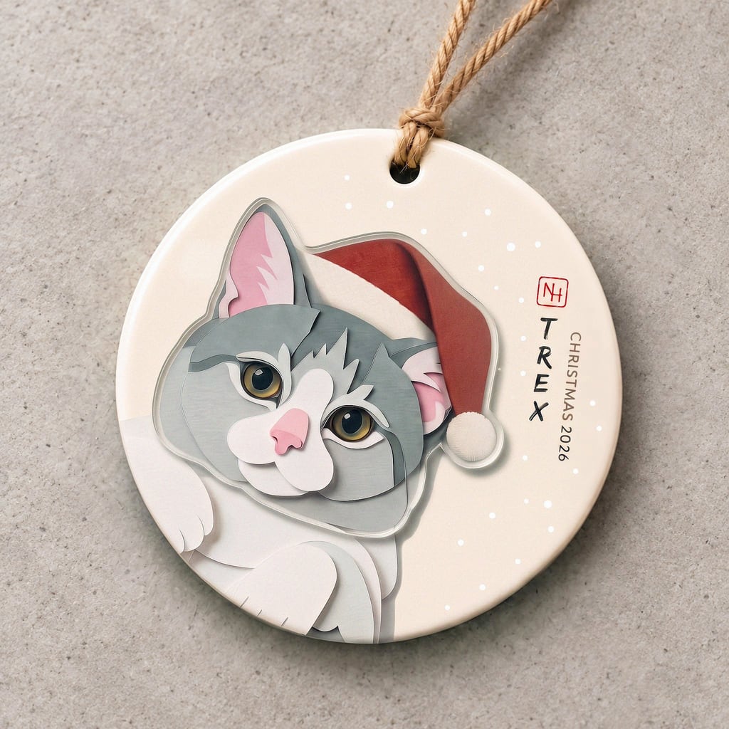 Personalised grey-and-white cat Christmas ornament.